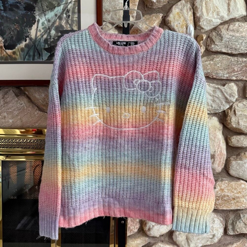 Hello kitty x Forever 21 womens 1X plus size pastel knit rainbow sweater with em